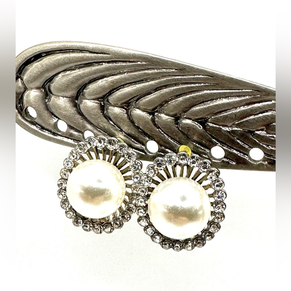 Vintage Faux Pearl Rhinestone Pierced Earrings Silver Tone Bridal Prom